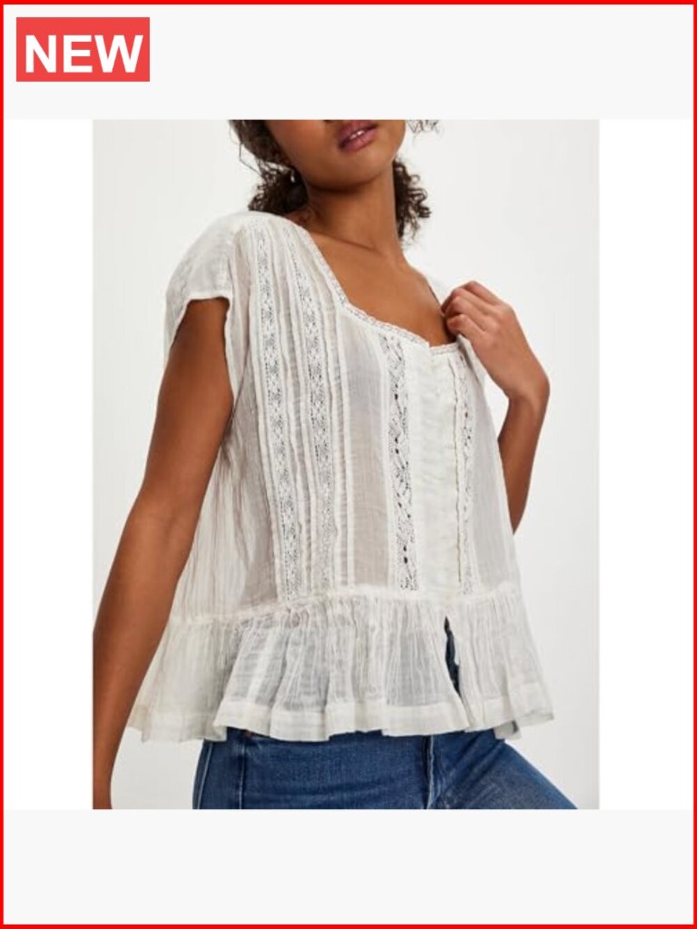Semi Sheer Button Down Blouse Square Neck Lace Ruffle Trim Cap Sleeve Casual - Picture 2 of 6